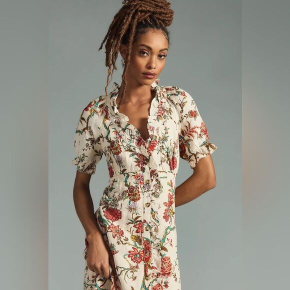 Anthropologie Pilcro Ruffle-Collar Buttondown Dress Cream Floral Boho Size 12 - Picture 13 of 16